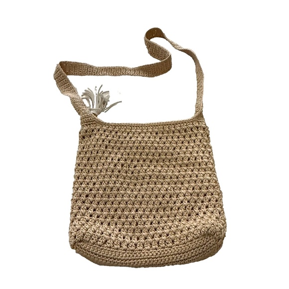 The Sak Tan Crochet Shoulder Bag With Leather Tassel Accent Boho Chic Style - Picture 1 of 7